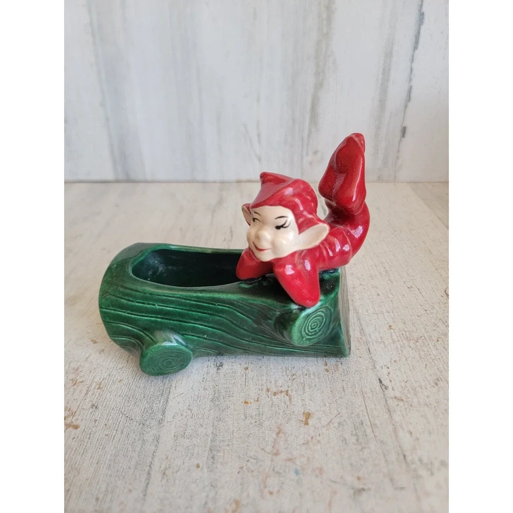 Vintage pixie elf log ceramic planter Xmas home decor art forest figure